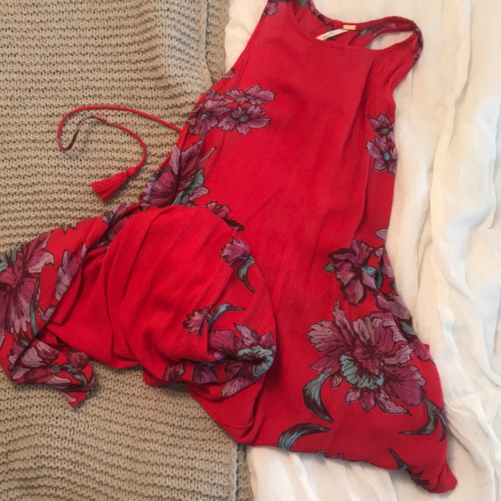 Free People Red Floral Lace Up Back Dress